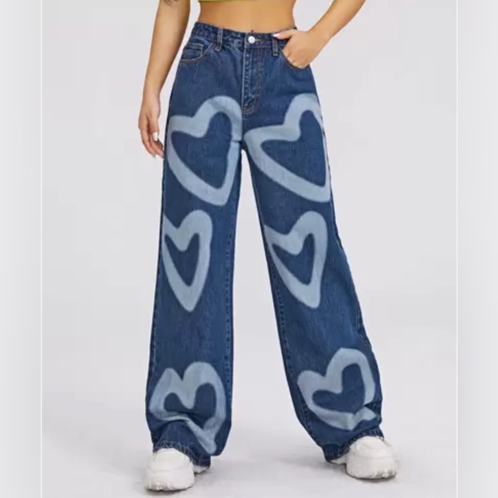 Shein denim wide leg heart design jeans Sz XS